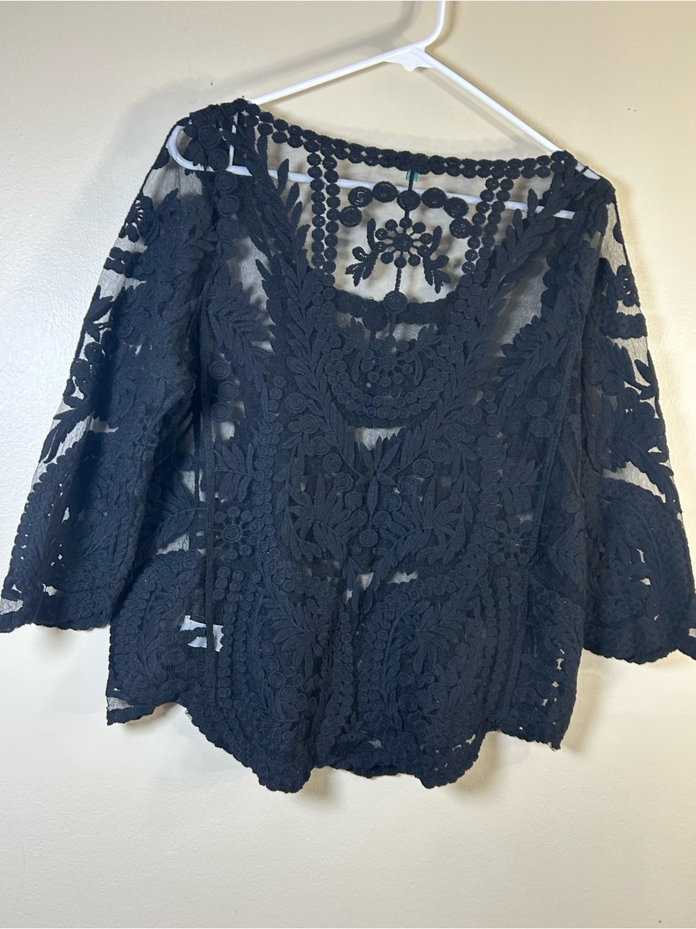 My Emblem Black Lace Mesh Overlay Blouse Top Crochet Embroidered Size L - Picture 4 of 5